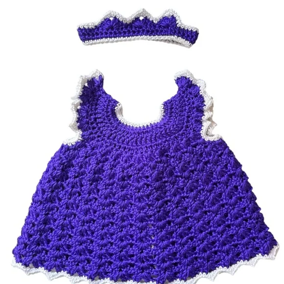Purple and White Crochet Kids Dress with Headband